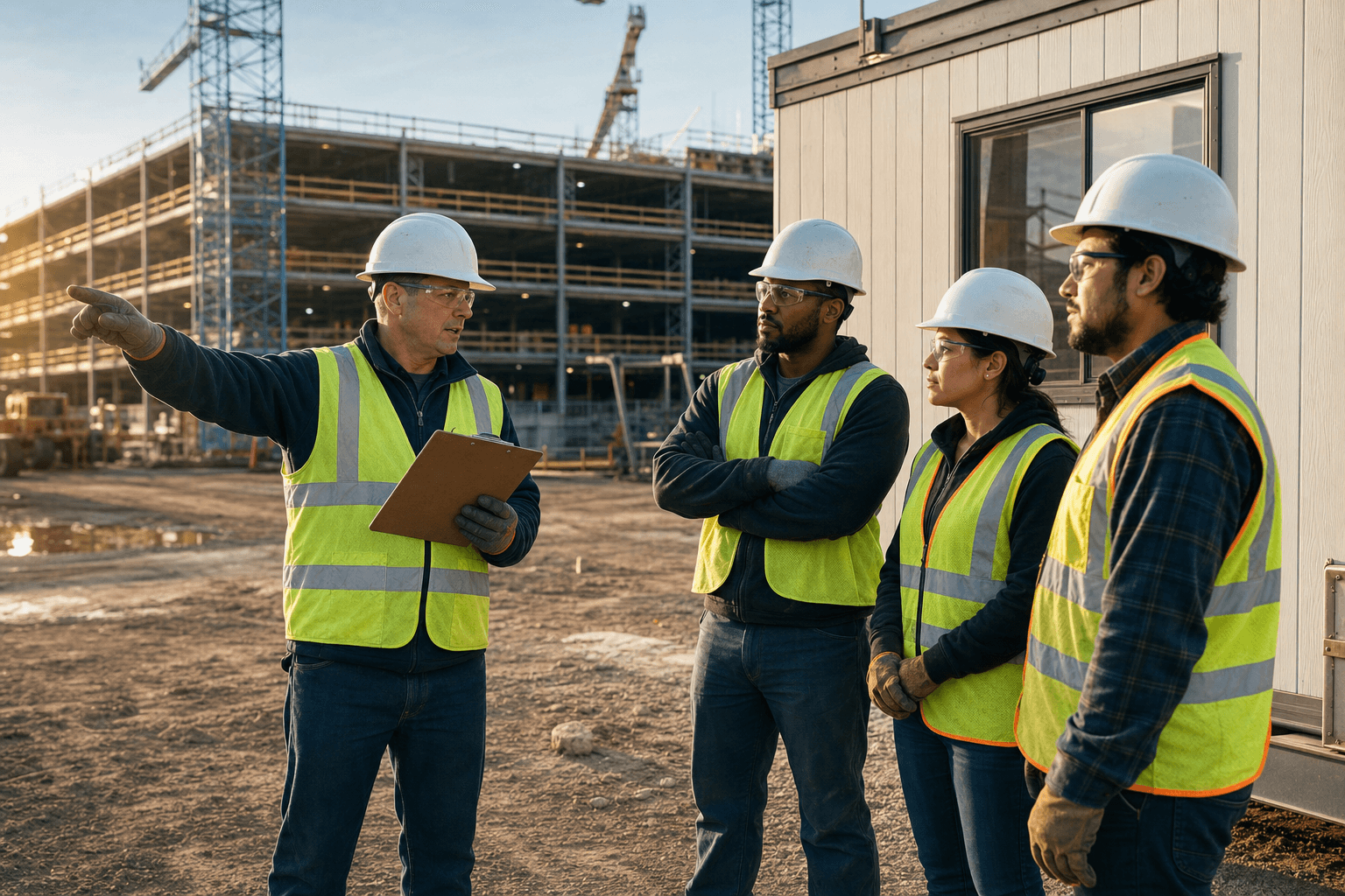 Construction crew participating in a pre-shift safety briefing