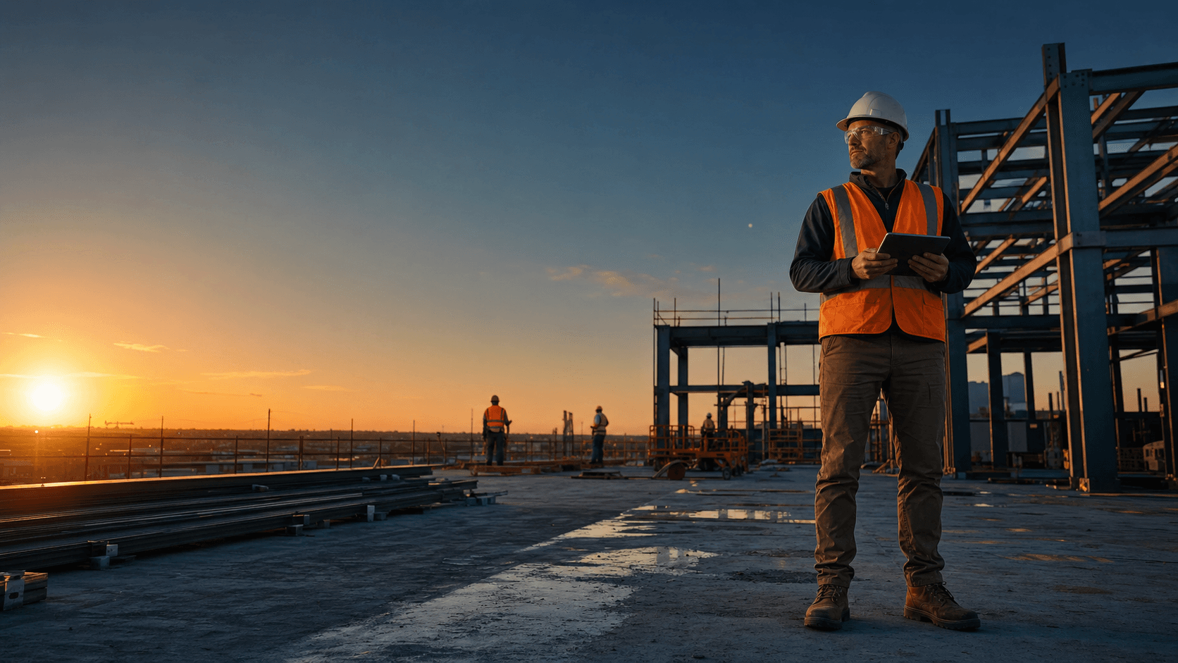 Safety professional surveying an active commercial construction site